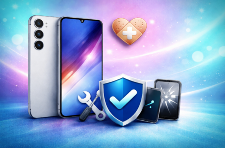 Samsung Galaxy S26 Smartphone mit Schutzsymbolen für Samsung Care+ Service