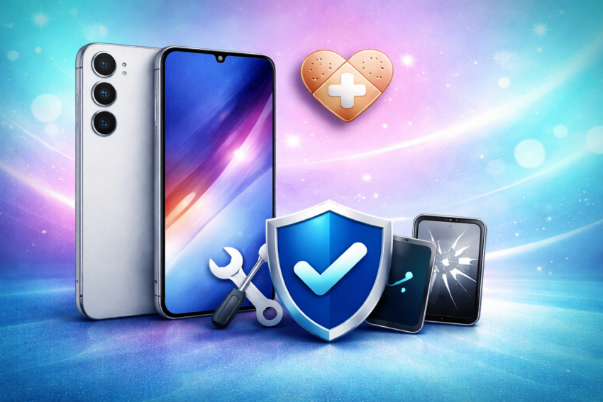 Samsung Galaxy S26 Smartphone mit Schutzsymbolen für Samsung Care+ Service