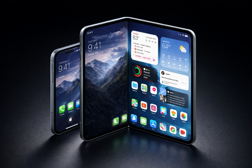 Faltbares Smartphone iPhone Fold halb geöffnet mit zwei Displays in dunklem Studio-Setting, modernes minimalistisches Design aus Glas und Aluminium