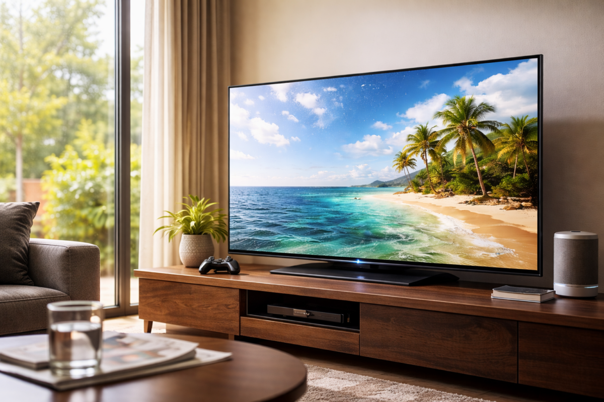 Moderner Fernseher im hellen Wohnzimmer ohne Spiegelung – entspiegeltes TV-Display 2026