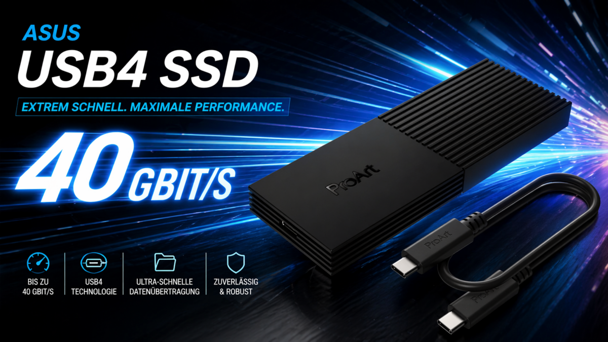ASUS USB4 SSD mit 40 Gbit/s schneller Datenübertragung auf futuristischem Hintergrund
