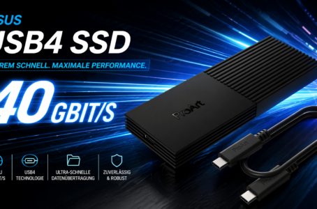 ASUS USB4 SSD mit 40 Gbit/s schneller Datenübertragung auf futuristischem Hintergrund