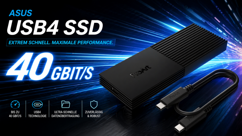 ASUS USB4 SSD mit 40 Gbit/s schneller Datenübertragung auf futuristischem Hintergrund