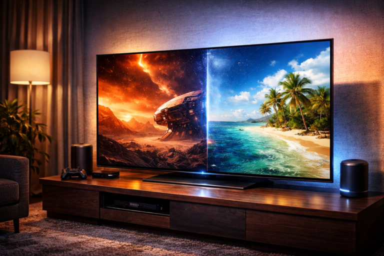Moderner 4K Fernseher im Wohnzimmer mit kontrastreichem Bild – Kaufberatung TV 2026