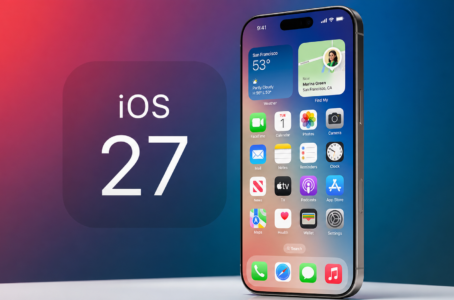 Modernes Smartphone mit iOS 27 Benutzeroberfläche vor farbigem Verlaufshintergrund
