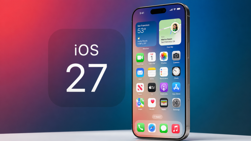 Modernes Smartphone mit iOS 27 Benutzeroberfläche vor farbigem Verlaufshintergrund