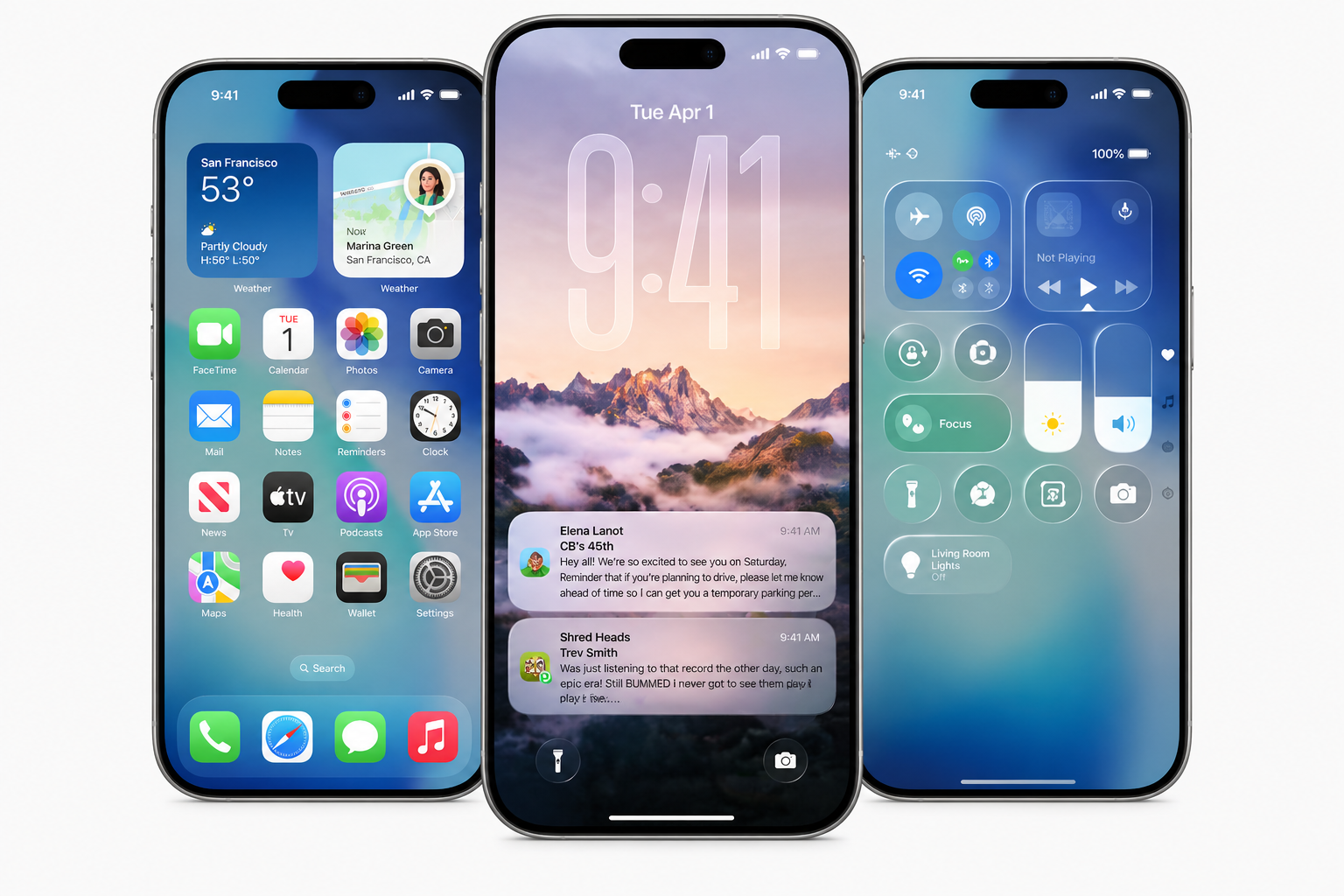 Drei moderne Smartphones mit iOS 27 Benutzeroberfläche zeigen Home Screen, Sperrbildschirm und Kontrollzentrum