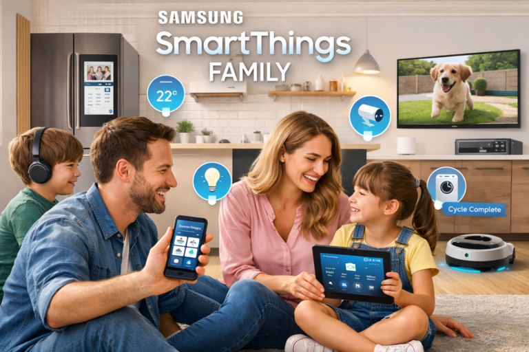 Familie nutzt Samsung SmartThings App zur Steuerung von Smart Home Geräten wie Licht, Kamera und Haushaltsgeräten im modernen Zuhause