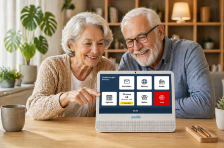 Älteres Paar bedient gemeinsam ein benutzerfreundliches Pdle Tablet für Kommunikation und Alltag im eigenen Zuhause