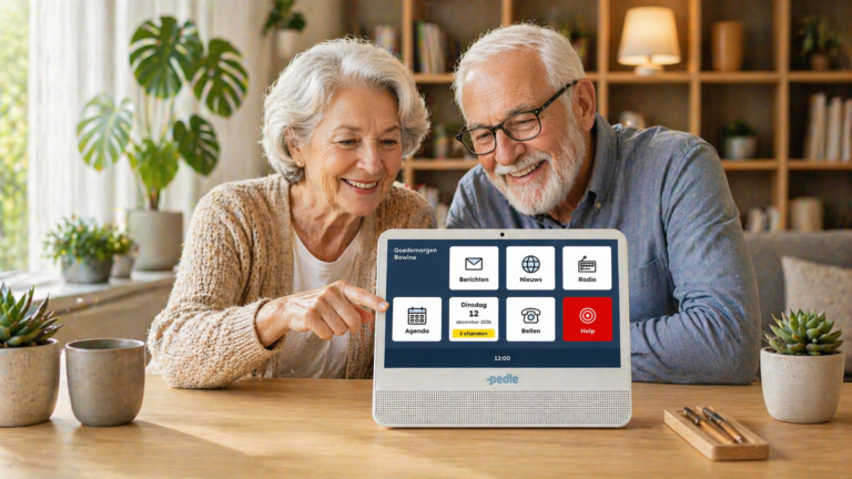 Älteres Paar bedient gemeinsam ein benutzerfreundliches Pdle Tablet für Kommunikation und Alltag im eigenen Zuhause