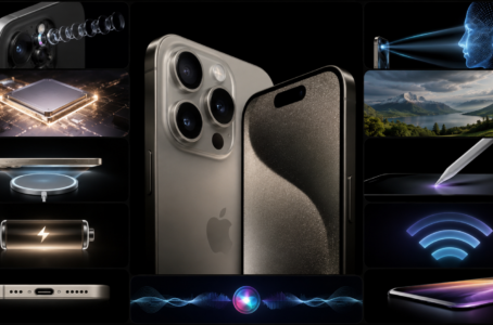Futuristisches Smartphone im Premium-Design mit modernem Kamerasystem, KI-Funktionen und innovativen Technik-Features vor dunklem Hightech-Hintergrund.