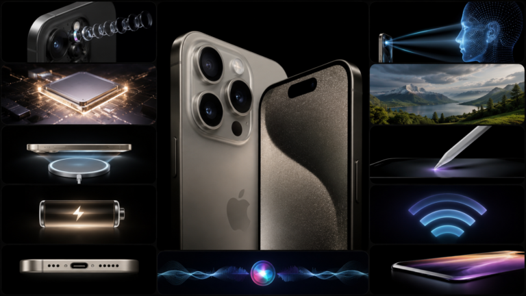 Futuristisches Smartphone im Premium-Design mit modernem Kamerasystem, KI-Funktionen und innovativen Technik-Features vor dunklem Hightech-Hintergrund.