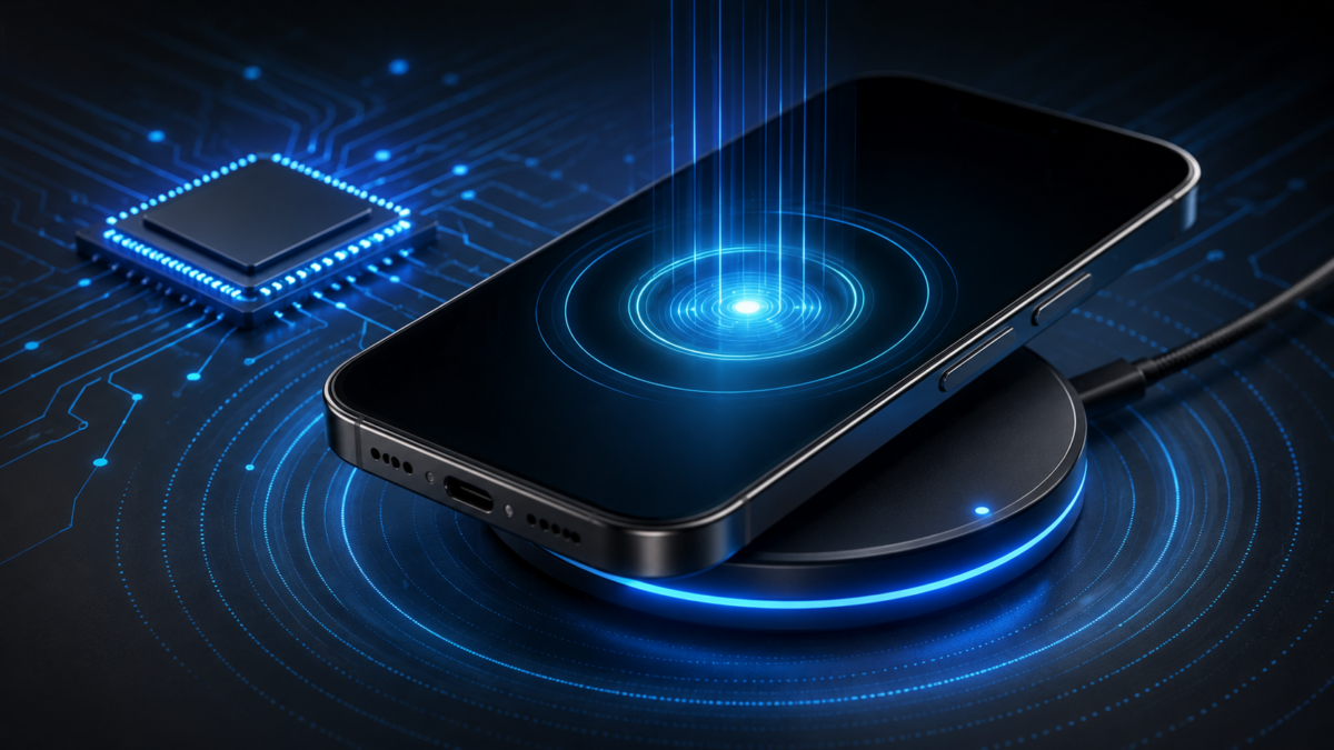 Modernes Smartphone auf kabelloser Ladestation mit futuristischem Chip-Design und leuchtenden Wireless-Energieeffekten in blauer Hightech-Umgebung.