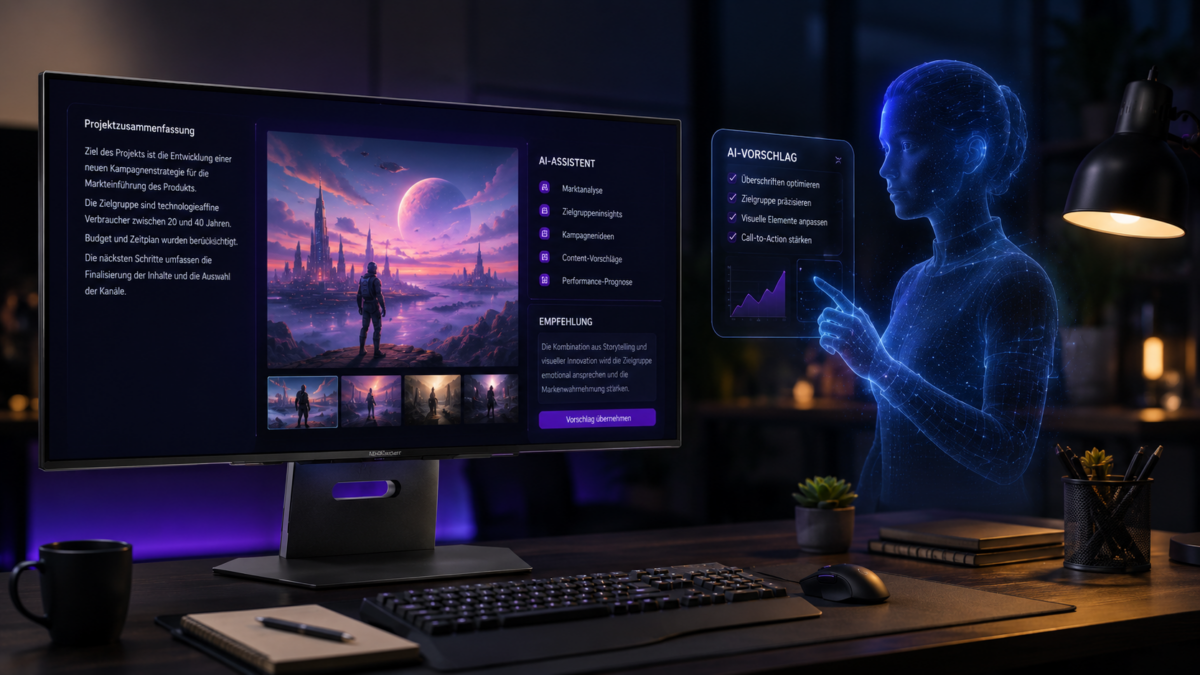 Futuristischer Arbeitsplatz mit gebogenem UltraWide-Monitor und holografischer KI-Assistentin, die als digitaler Mitarbeiter Projektvorschläge und Analysen anzeigt.