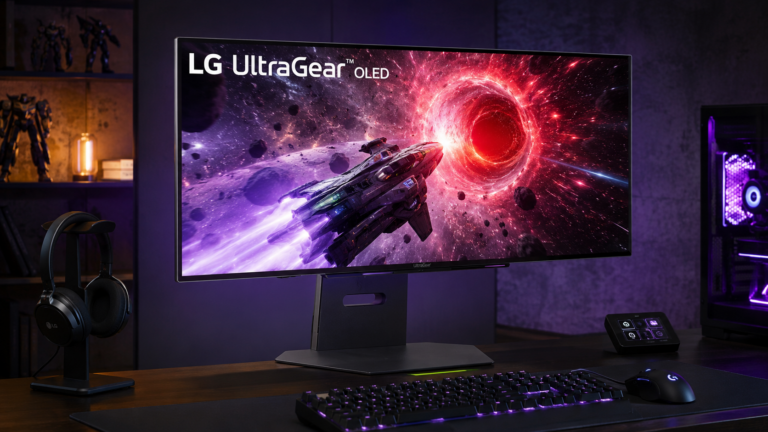 Futuristisches Gaming-Setup mit großem LG UltraGear OLED-Monitor auf dunklem Schreibtisch, beleuchtet mit violettem Ambientelicht und Sci-Fi-Spielgrafik auf dem Bildschirm.
