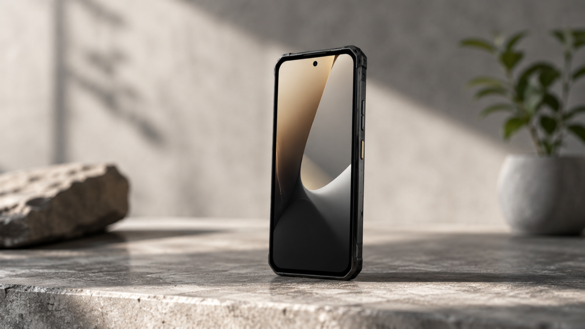 Robustes Smartphone auf Steinoberfläche in minimalistischem, hellem Umfeld