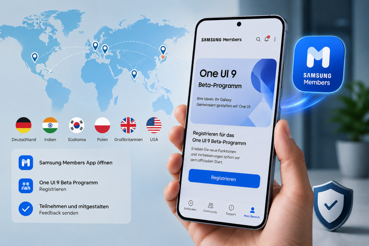 Samsung-Smartphone mit geöffneter Samsung Members App und Übersicht zum One UI 9 Beta-Programm in mehreren Ländern