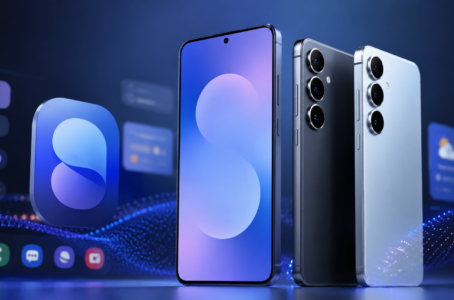 Mehrere moderne Samsung-Smartphones der Galaxy-S26-Serie mit futuristischem One-UI-Design auf blauem Hightech-Hintergrund