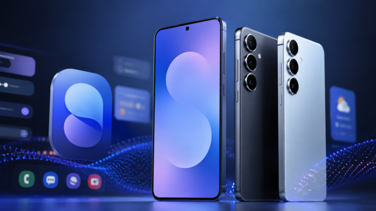 Mehrere moderne Samsung-Smartphones der Galaxy-S26-Serie mit futuristischem One-UI-Design auf blauem Hightech-Hintergrund