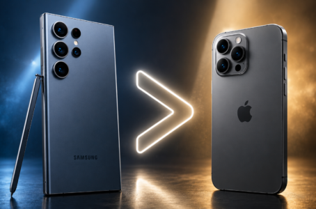 Samsung-Smartphone mit leuchtendem Größer-als-Zeichen neben einem Apple-iPhone als Symbol für höhere Nutzerzufriedenheit