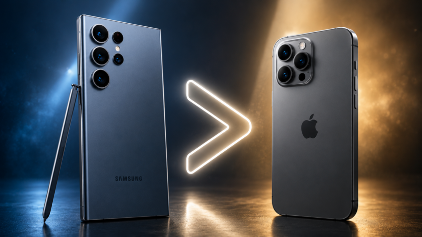 Samsung-Smartphone mit leuchtendem Größer-als-Zeichen neben einem Apple-iPhone als Symbol für höhere Nutzerzufriedenheit