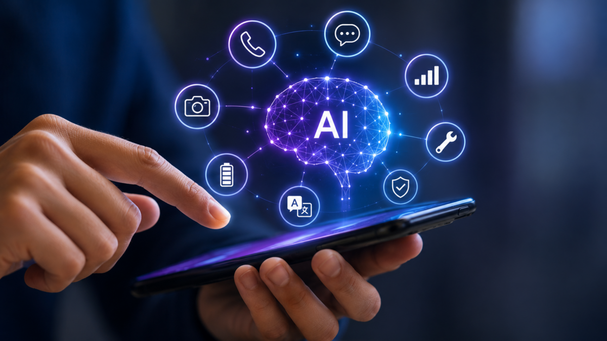 Person nutzt Smartphone mit holografischen KI-Symbolen und digitalen Funktionen wie Übersetzung, Netzqualität und Assistenzsystemen