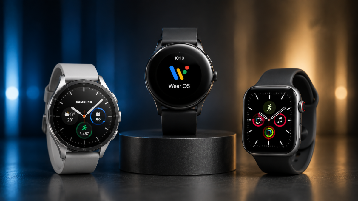 Drei moderne Smartwatches von Samsung, Wear OS und Apple auf dunklem Hintergrund als Symbol für den Wettbewerb im Wearables-Markt