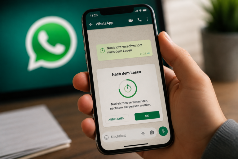 Smartphone mit WhatsApp-Oberfläche und neuer „Nach dem Lesen“-Timer-Funktion für verschwindende Nachrichten.