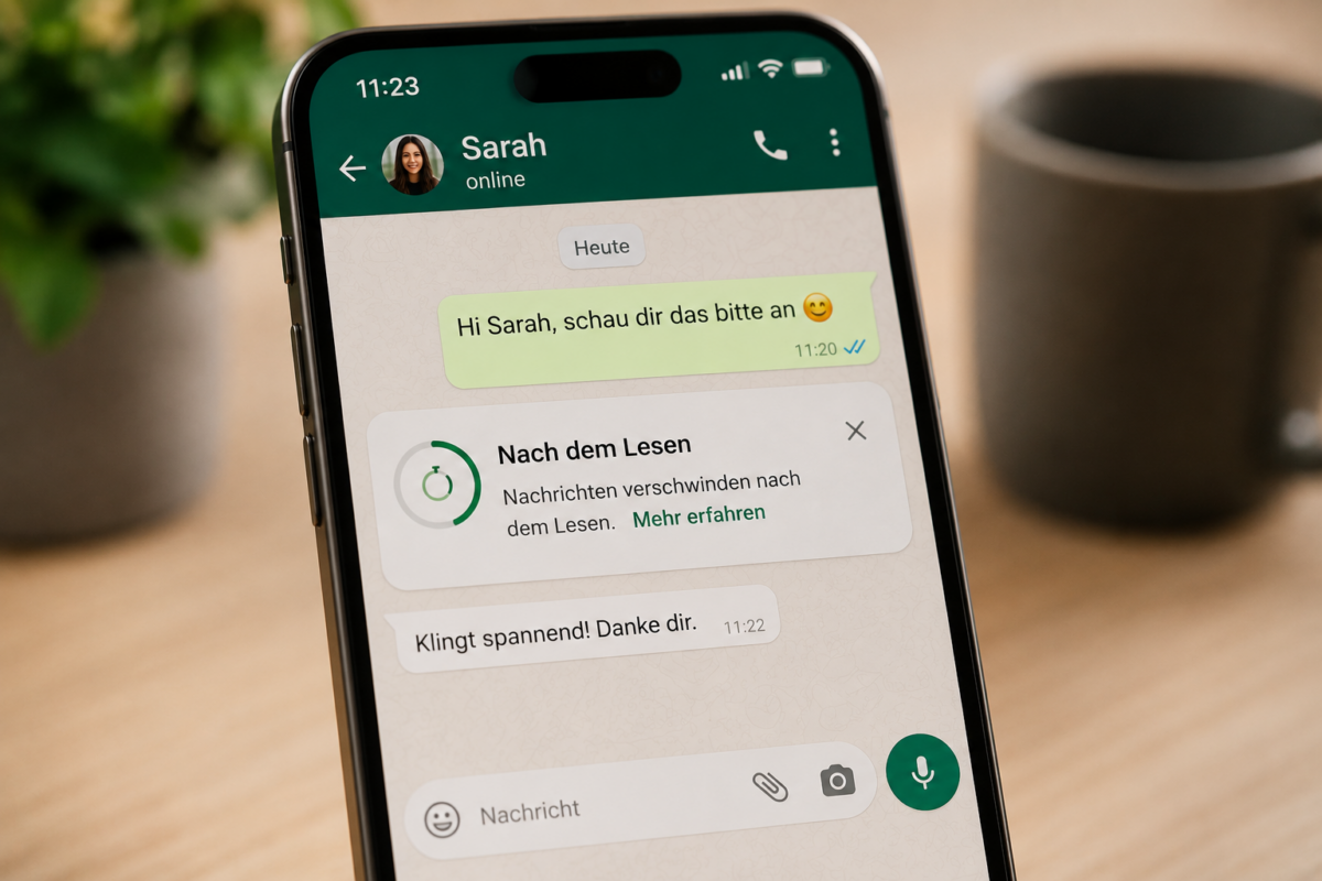 Smartphone mit WhatsApp-Chat und neuer Funktion „Nach dem Lesen“ für verschwindende Nachrichten.