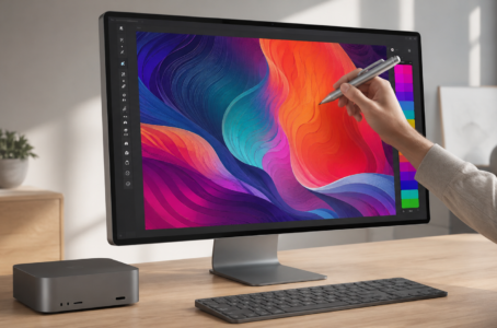 Schlanker Touchscreen-Monitor mit Eingabestift und Mini-Computer auf einem hellen Holzschreibtisch im skandinavischen Design