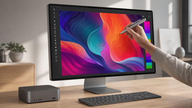 Schlanker Touchscreen-Monitor mit Eingabestift und Mini-Computer auf einem hellen Holzschreibtisch im skandinavischen Design