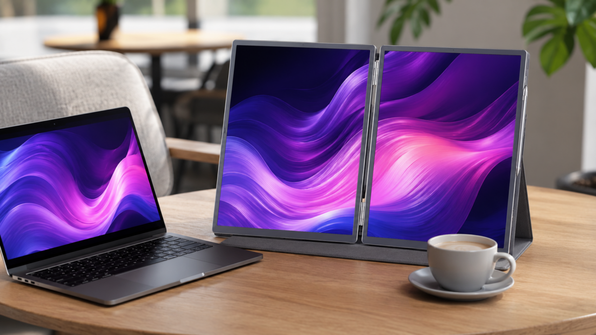 Zwei zusammenklappbare Touchscreen-Displays neben einem Laptop auf einem Cafétisch mit violett-pinkfarbenen Wellenmustern