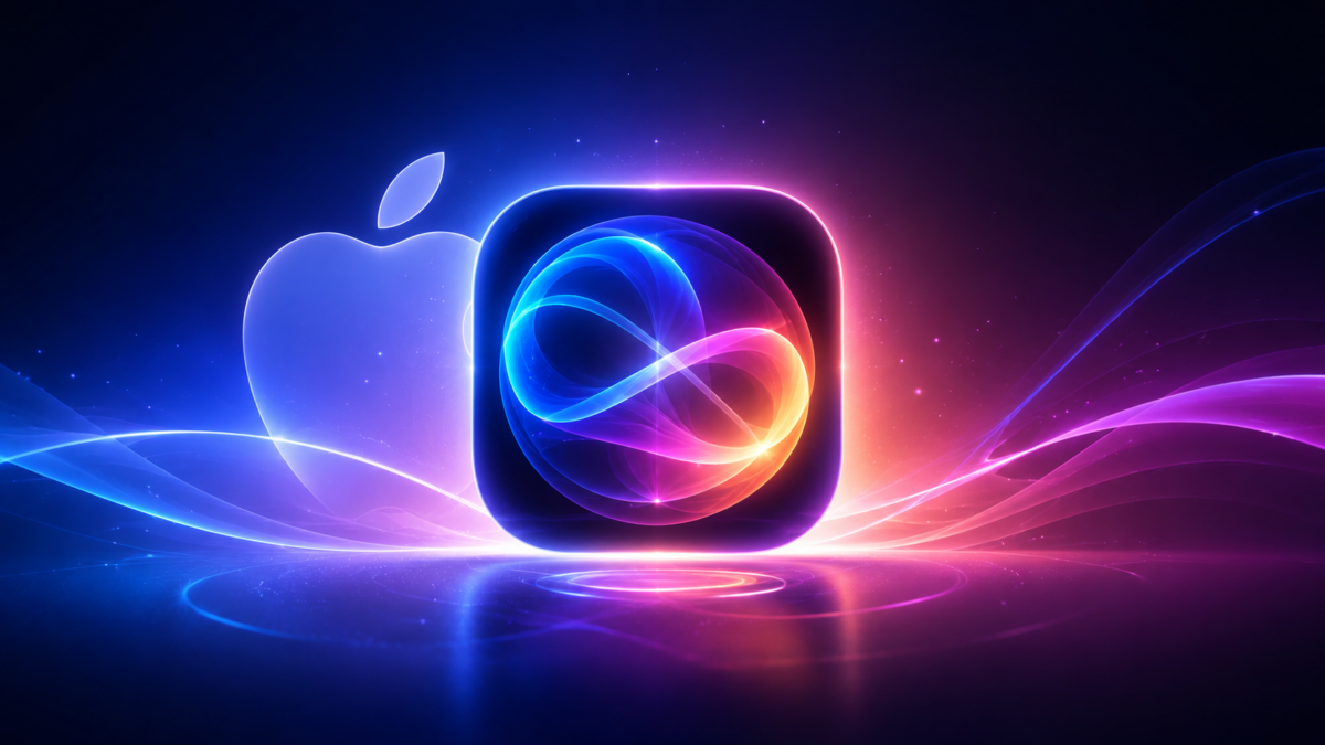 Futuristische Darstellung eines digitalen Sprachassistenten mit leuchtenden KI-Elementen vor einem modernen Apple-inspirierten Technologiehintergrund