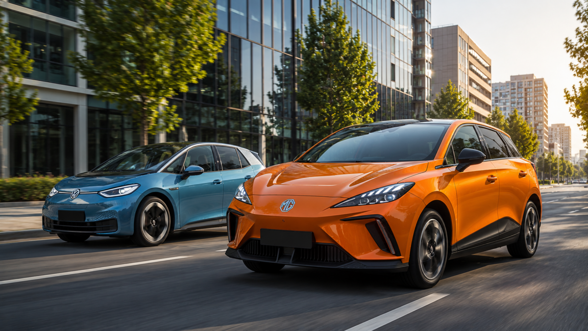 Orangefarbener MG4 EV Urban fährt in einer modernen Stadt neben einem blauen VW ID.3 auf einer breiten Straße bei warmem Abendlicht.