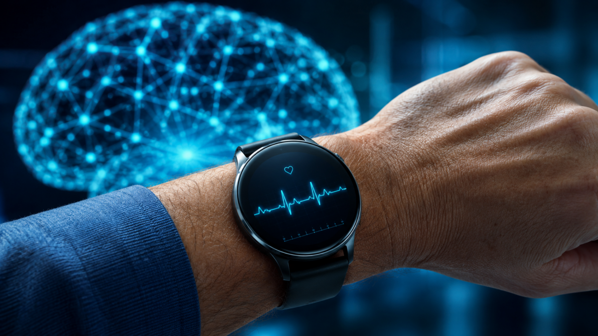 Moderne Smartwatch mit Herzfrequenzanzeige vor digitaler Gehirnvisualisierung