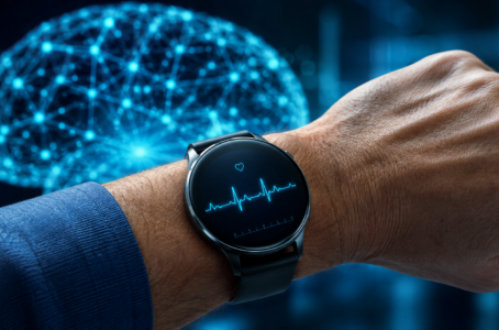 Moderne Smartwatch mit Herzfrequenzanzeige vor digitaler Gehirnvisualisierung