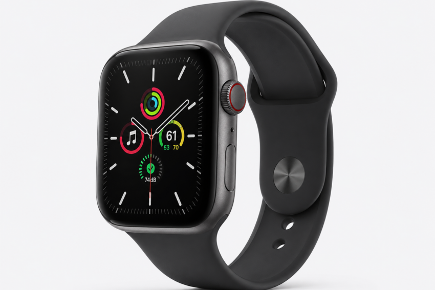 Schwarze Apple Watch mit Sportarmband und modernem Zifferblatt vor hellem Hintergrund