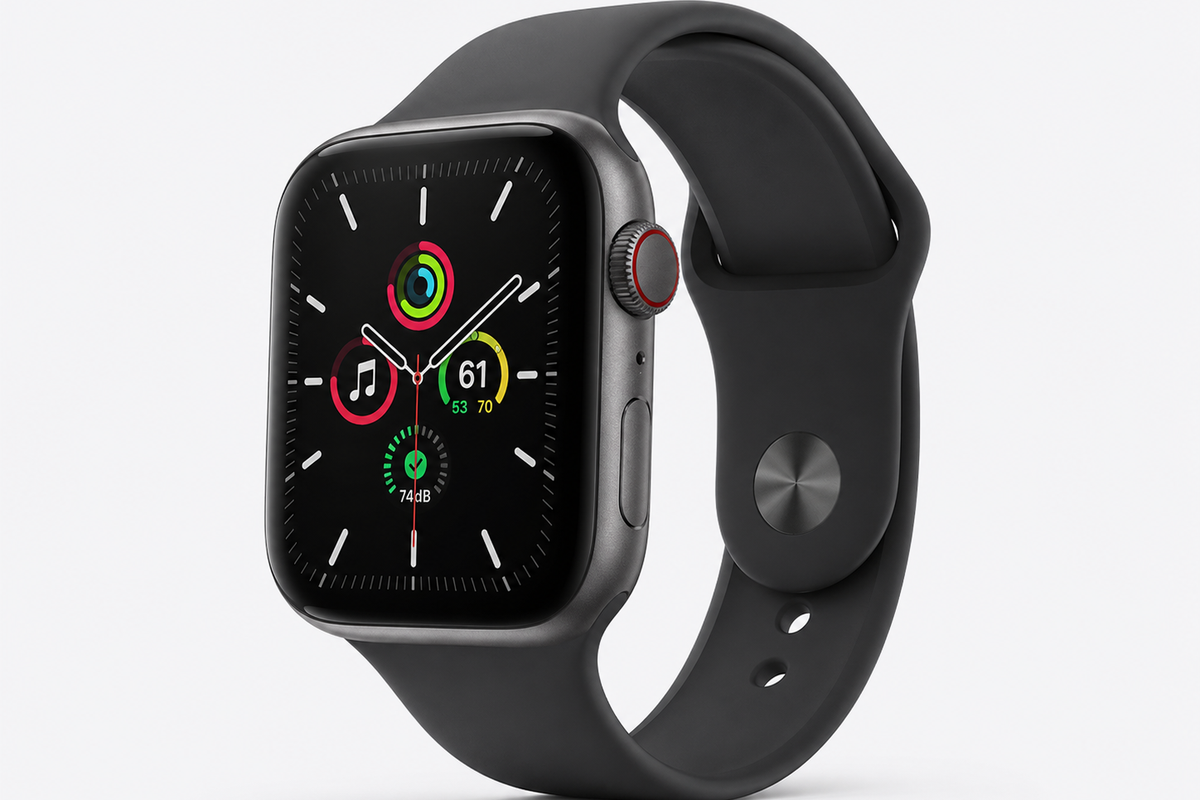 Schwarze Apple Watch mit Sportarmband und modernem Zifferblatt vor hellem Hintergrund