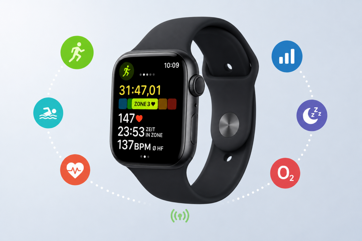 Apple Watch mit Trainingsdaten und Symbolen für Fitness, Herzfrequenz, Schlaf und Sauerstoffsättigung