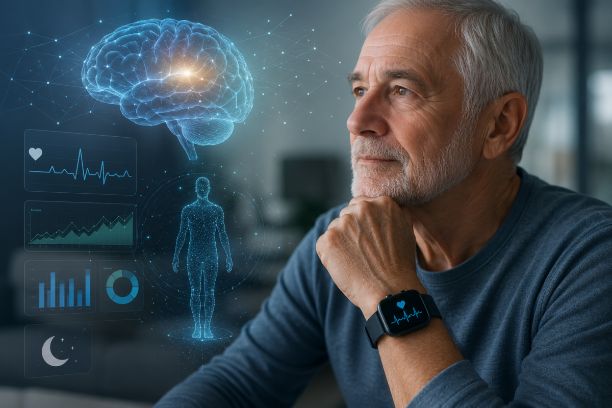 Älterer Mann mit Smartwatch vor digitaler Gehirn- und Gesundheitsdaten-Visualisierung