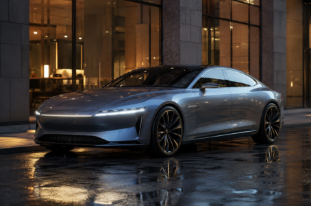 Futuristische elektrische Luxuslimousine auf regennasser Straße vor modernem Glas-Showroom