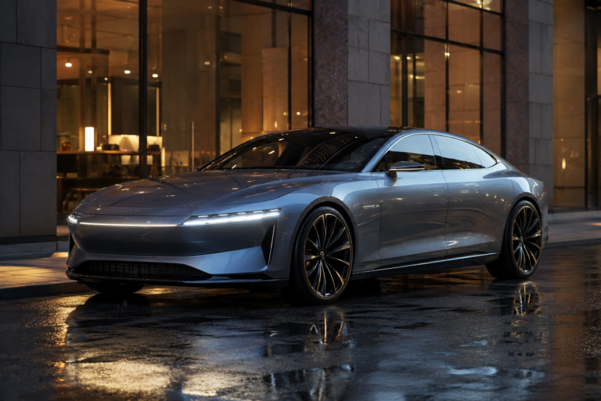 Futuristische elektrische Luxuslimousine auf regennasser Straße vor modernem Glas-Showroom