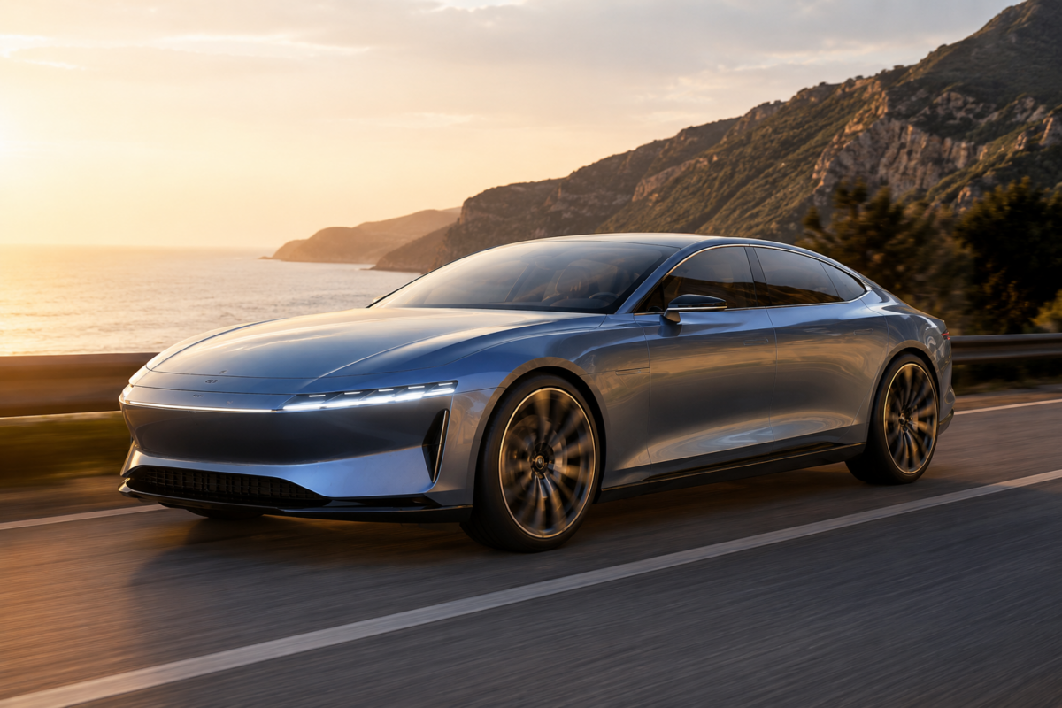 Futuristische elektrische Luxuslimousine auf einer Küstenstraße im goldenen Abendlicht