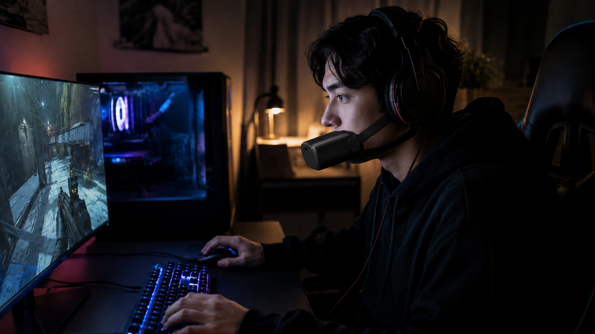 Junger Mann spielt am Computer und trägt ein schwarzes Schallschutz-Mikrofon