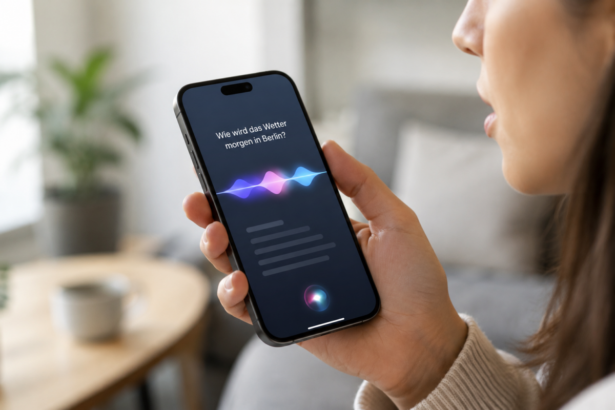 Frau spricht eine Wetterfrage in ein Smartphone mit Sprachassistent und eingeblendeter Transkription