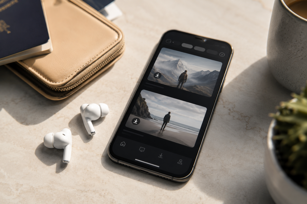 Smartphone mit Streaming-App und Download-Symbolen neben kabellosen Ohrhörern auf einem Tisch