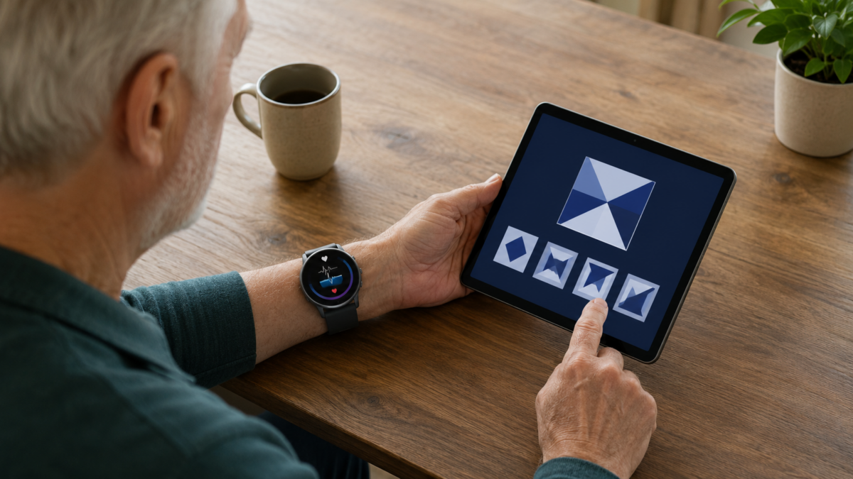 Älterer Studienteilnehmer nutzt ein Tablet und trägt eine Smartwatch zur Erfassung von Gesundheitsdaten
