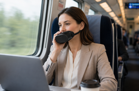 Geschäftsfrau führt im Zug ein vertrauliches Telefonat mit einem Schallschutz-Mikrofon