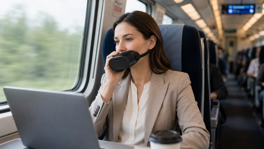 Geschäftsfrau führt im Zug ein vertrauliches Telefonat mit einem Schallschutz-Mikrofon