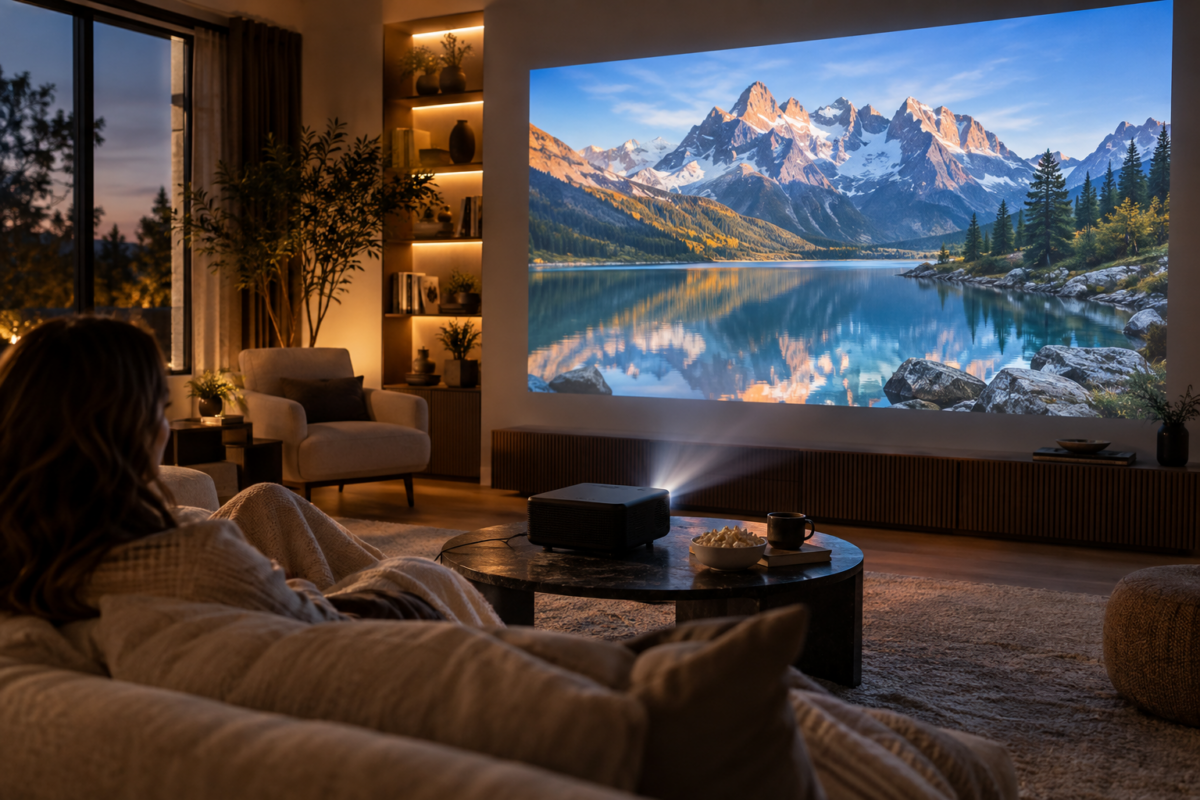 4K-Laserprojektor in einem modernen Wohnzimmer mit großer Landschaftsprojektion an der Wand